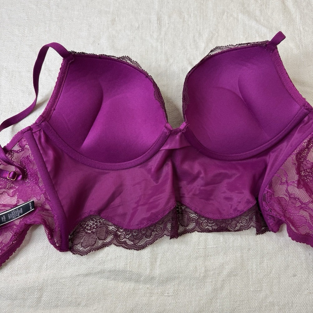 Victoria's Secret Bombshell Plunge Bra Corset Bustier Size 34C Plum Satin Pushup - Picture 7 of 12
